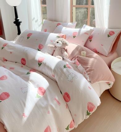 91家纺网 家纺一手货源 找家纺 大麦乐田 2023新款双层纱有氧提花小竺棉四件套 梦云