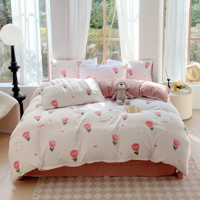 91家纺网 家纺一手货源 找家纺 大麦乐田 2023新款双层纱有氧提花小竺棉四件套 梦云