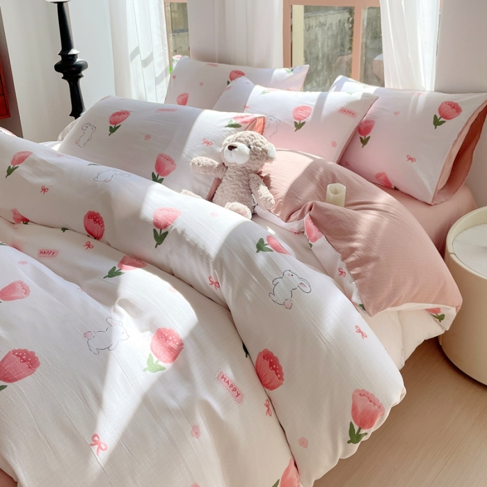 91家纺网 家纺一手货源 找家纺 大麦乐田 2023新款双层纱有氧提花小竺棉四件套 梦云