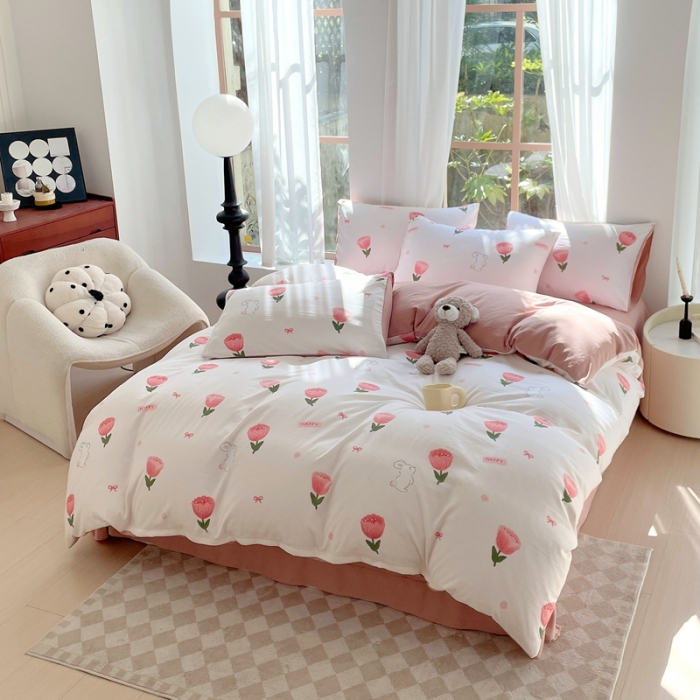 91家纺网 家纺一手货源 找家纺 大麦乐田 2023新款双层纱有氧提花小竺棉四件套 梦云