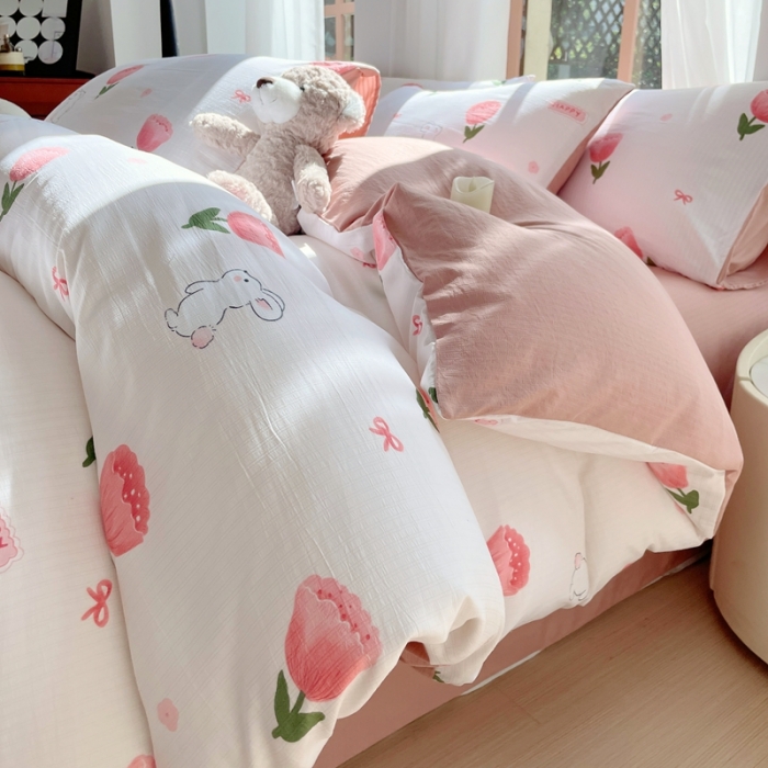 91家纺网 家纺一手货源 找家纺 大麦乐田 2023新款双层纱有氧提花小竺棉四件套 梦云