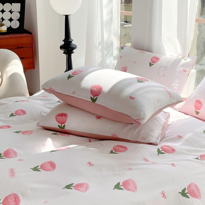 91家纺网 家纺一手货源 找家纺 大麦乐田 2023新款双层纱有氧提花小竺棉四件套 梦云