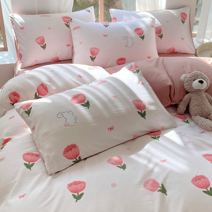 91家纺网 家纺一手货源 找家纺 大麦乐田 2023新款双层纱有氧提花小竺棉四件套 梦云