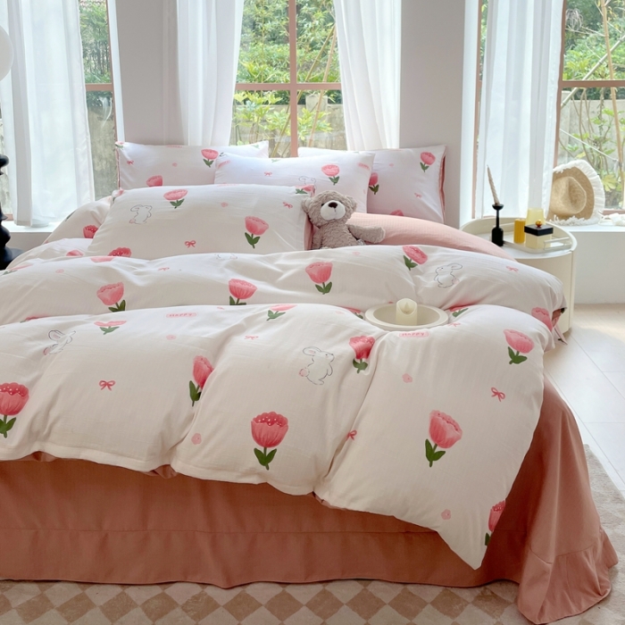 91家纺网 家纺一手货源 找家纺 大麦乐田 2023新款双层纱有氧提花小竺棉四件套 梦云