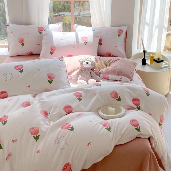 91家纺网 家纺一手货源 找家纺 大麦乐田 2023新款双层纱有氧提花小竺棉四件套 梦云