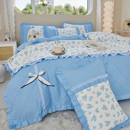 91家纺网 家纺一手货源 找家纺 （总）靓生活2023爆款韩版小清新花边蝴蝶结水洗棉贡棉磨毛四件套