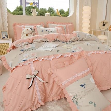 91家纺网 家纺一手货源 找家纺 （总）靓生活2023爆款韩版小清新花边蝴蝶结水洗棉贡棉磨毛四件套