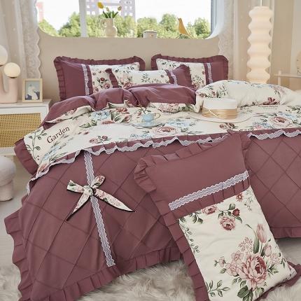 91家纺网 家纺一手货源 找家纺 （总）靓生活2023爆款韩版小清新花边蝴蝶结水洗棉贡棉磨毛四件套