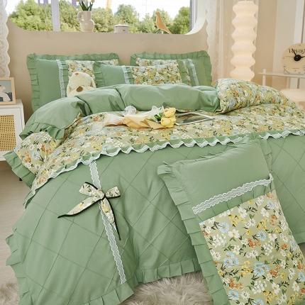 91家纺网 家纺一手货源 找家纺 （总）靓生活2023爆款韩版小清新花边蝴蝶结水洗棉贡棉磨毛四件套