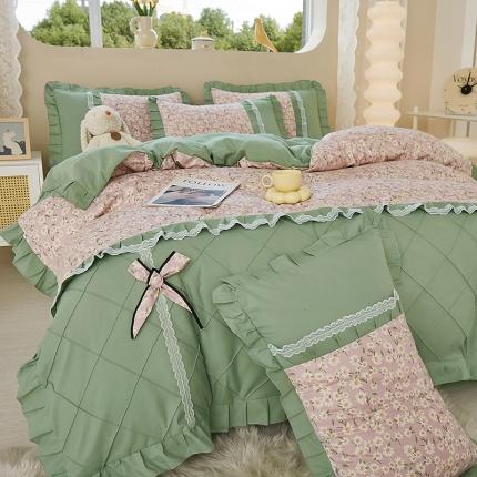 91家纺网 家纺一手货源 找家纺 （总）靓生活2023爆款韩版小清新花边蝴蝶结水洗棉贡棉磨毛四件套