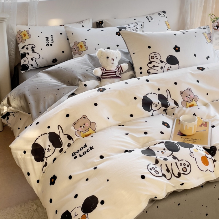 91家纺网 家纺一手货源 找家纺 金丝鸟 2023新款全棉可爱卡通印花小清新四件套-第二批 斑点欢乐狗