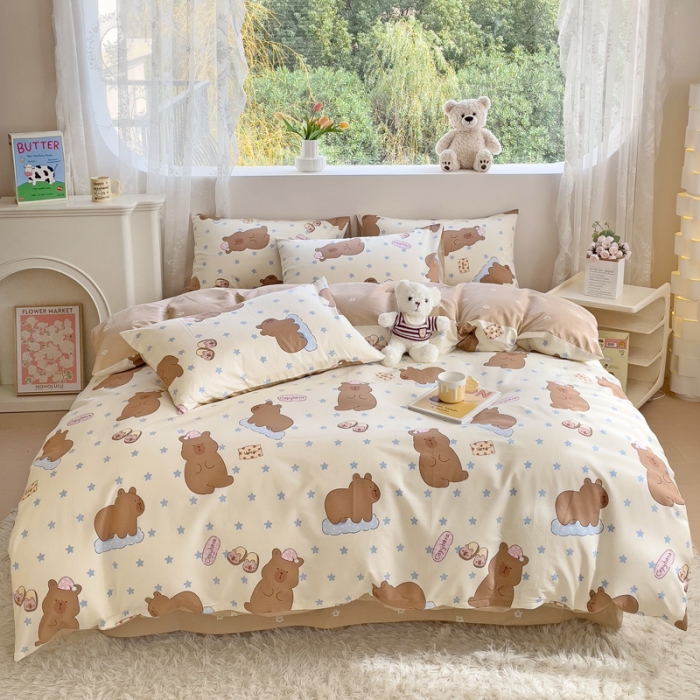 91家纺网 家纺一手货源 找家纺 金丝鸟 2023新款全棉可爱卡通印花小清新四件套-第二批 饼干熊