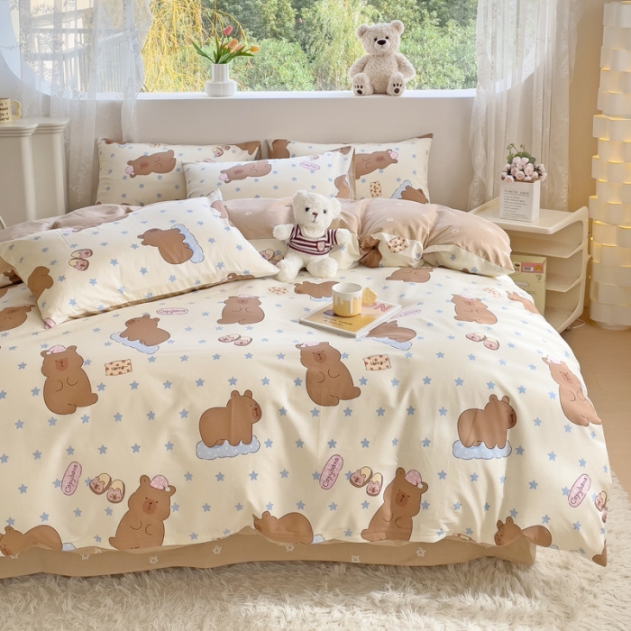 91家纺网 家纺一手货源 找家纺 金丝鸟 2023新款全棉可爱卡通印花小清新四件套-第二批 饼干熊