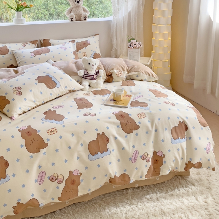 91家纺网 家纺一手货源 找家纺 金丝鸟 2023新款全棉可爱卡通印花小清新四件套-第二批 饼干熊