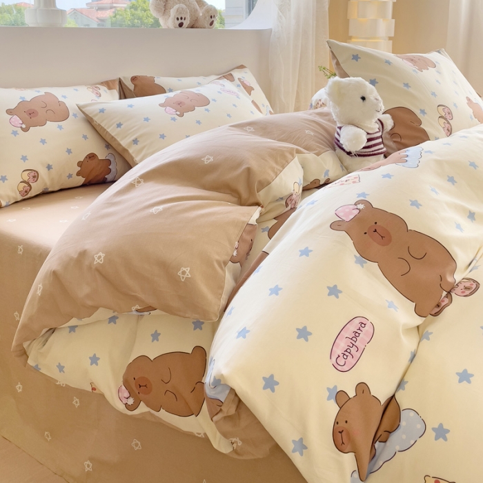 91家纺网 家纺一手货源 找家纺 金丝鸟 2023新款全棉可爱卡通印花小清新四件套-第二批 饼干熊