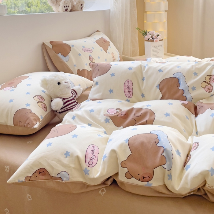 91家纺网 家纺一手货源 找家纺 金丝鸟 2023新款全棉可爱卡通印花小清新四件套-第二批 饼干熊