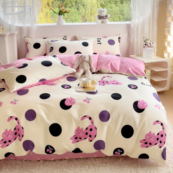 91家纺网 家纺一手货源 找家纺 金丝鸟 2023新款全棉可爱卡通印花小清新四件套-第二批 波点猫