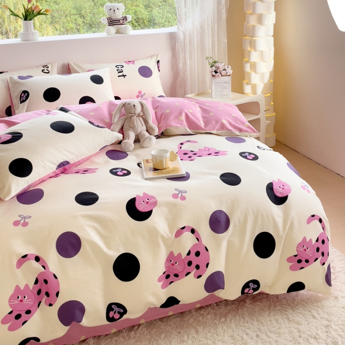 91家纺网 家纺一手货源 找家纺 金丝鸟 2023新款全棉可爱卡通印花小清新四件套-第二批 波点猫