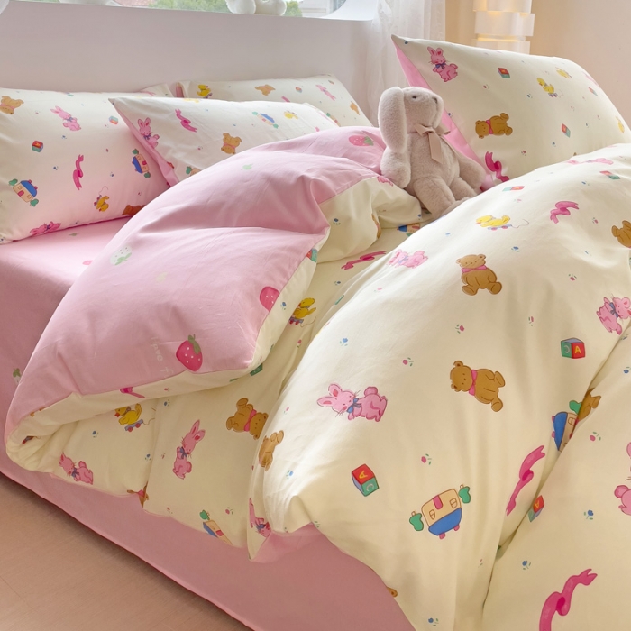 91家纺网 家纺一手货源 找家纺 金丝鸟 2023新款全棉可爱卡通印花小清新四件套-第二批 动物运动会