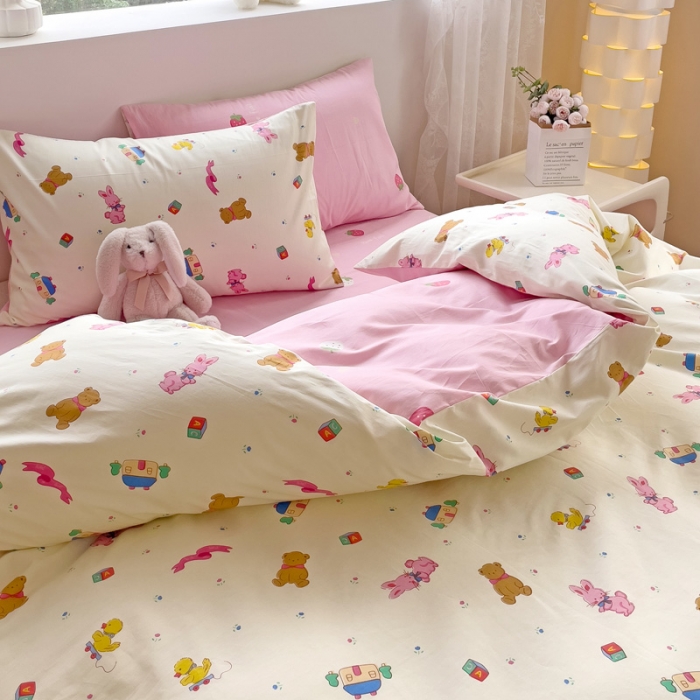 91家纺网 家纺一手货源 找家纺 金丝鸟 2023新款全棉可爱卡通印花小清新四件套-第二批 动物运动会