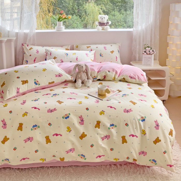 91家纺网 家纺一手货源 找家纺 金丝鸟 2023新款全棉可爱卡通印花小清新四件套-第二批 动物运动会