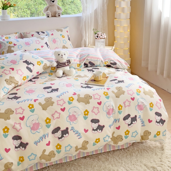 91家纺网 家纺一手货源 找家纺 金丝鸟 2023新款全棉可爱卡通印花小清新四件套-第二批 菲比汪汪园