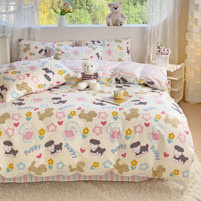 91家纺网 家纺一手货源 找家纺 金丝鸟 2023新款全棉可爱卡通印花小清新四件套-第二批 菲比汪汪园