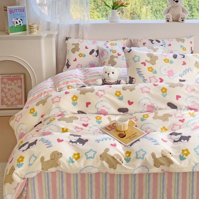 91家纺网 家纺一手货源 找家纺 金丝鸟 2023新款全棉可爱卡通印花小清新四件套-第二批 菲比汪汪园