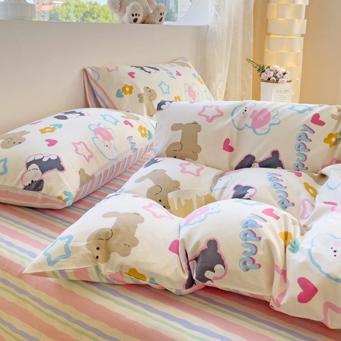 91家纺网 家纺一手货源 找家纺 金丝鸟 2023新款全棉可爱卡通印花小清新四件套-第二批 菲比汪汪园