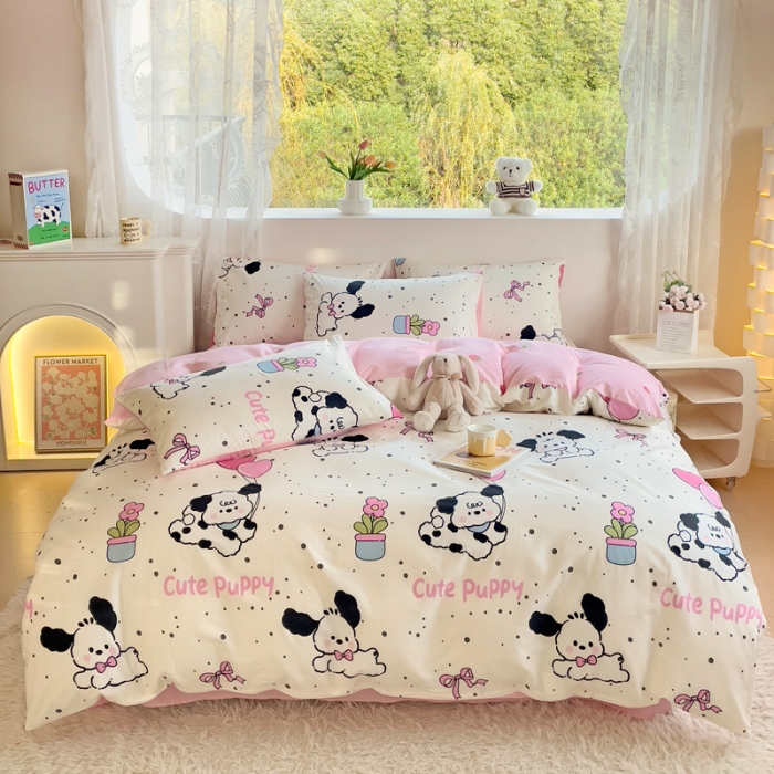 91家纺网 家纺一手货源 找家纺 金丝鸟 2023新款全棉可爱卡通印花小清新四件套-第二批 花盆狗