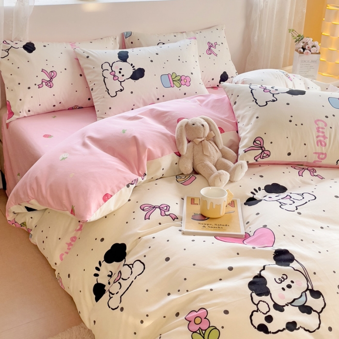 91家纺网 家纺一手货源 找家纺 金丝鸟 2023新款全棉可爱卡通印花小清新四件套-第二批 花盆狗