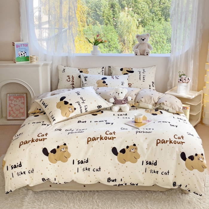 91家纺网 家纺一手货源 找家纺 金丝鸟 2023新款全棉可爱卡通印花小清新四件套-第二批 咖色小胖猫