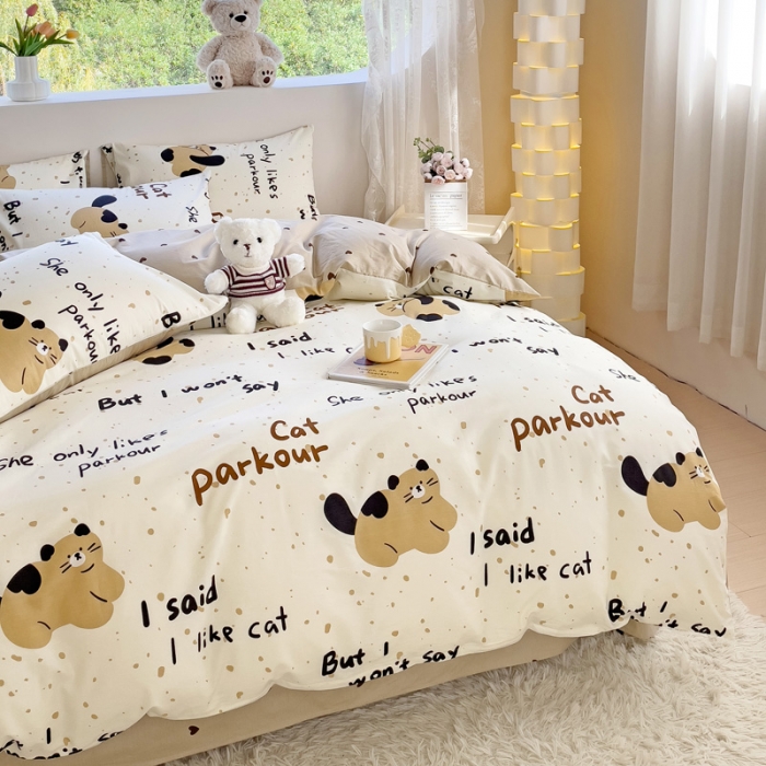 91家纺网 家纺一手货源 找家纺 金丝鸟 2023新款全棉可爱卡通印花小清新四件套-第二批 咖色小胖猫