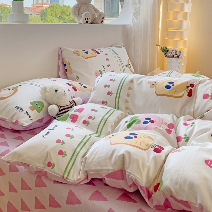 91家纺网 家纺一手货源 找家纺 金丝鸟 2023新款全棉可爱卡通印花小清新四件套-第二批 快乐甜甜圈