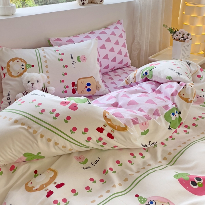 91家纺网 家纺一手货源 找家纺 金丝鸟 2023新款全棉可爱卡通印花小清新四件套-第二批 快乐甜甜圈