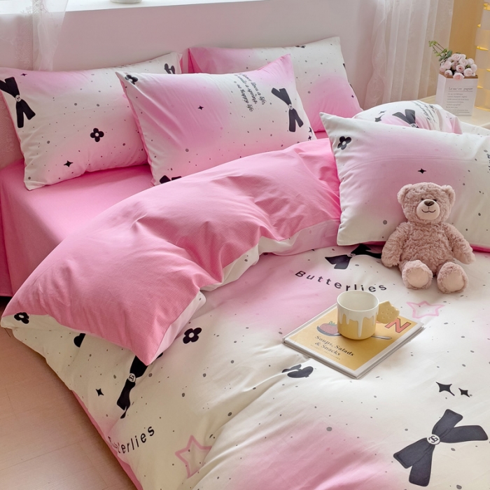 91家纺网 家纺一手货源 找家纺 金丝鸟 2023新款全棉可爱卡通印花小清新四件套-第二批 亮丽蝴蝶结