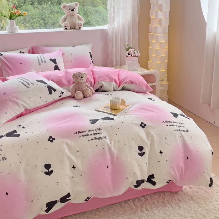 91家纺网 家纺一手货源 找家纺 金丝鸟 2023新款全棉可爱卡通印花小清新四件套-第二批 亮丽蝴蝶结