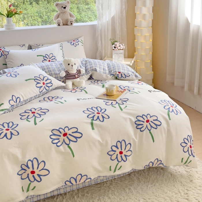 91家纺网 家纺一手货源 找家纺 金丝鸟 2023新款全棉可爱卡通印花小清新四件套-第二批 清雅蓝花