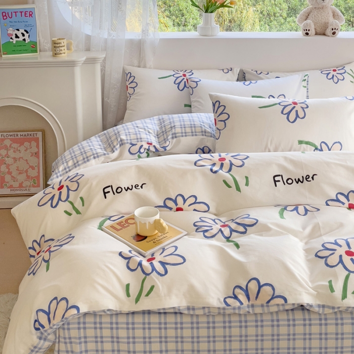 91家纺网 家纺一手货源 找家纺 金丝鸟 2023新款全棉可爱卡通印花小清新四件套-第二批 清雅蓝花