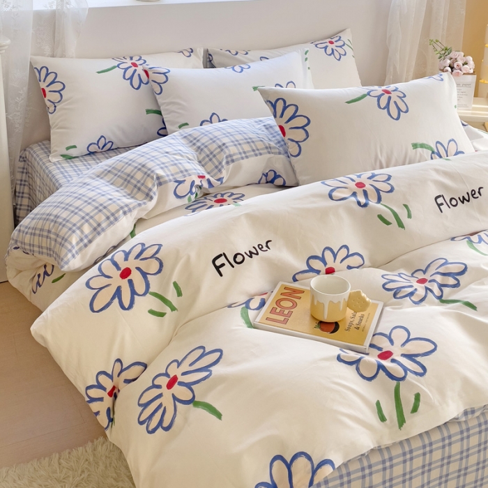 91家纺网 家纺一手货源 找家纺 金丝鸟 2023新款全棉可爱卡通印花小清新四件套-第二批 清雅蓝花