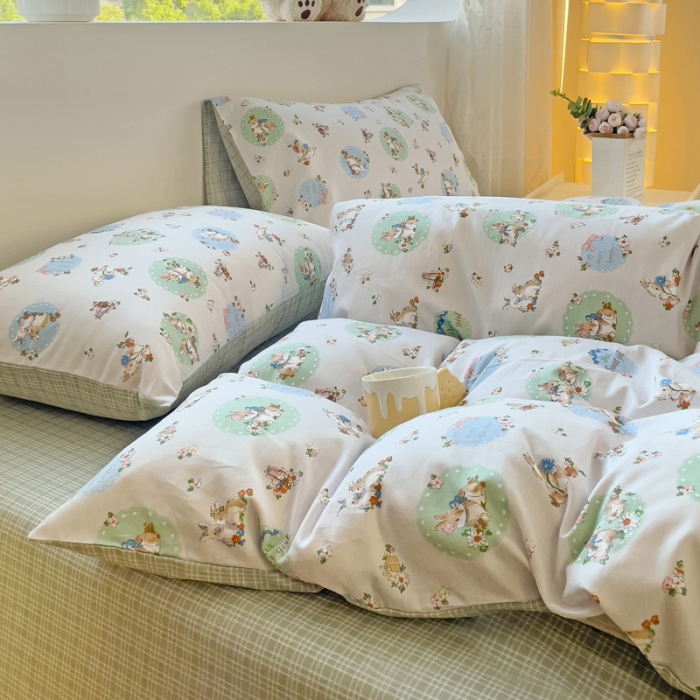 91家纺网 家纺一手货源 找家纺 金丝鸟 2023新款全棉可爱卡通印花小清新四件套-第二批 圈圈小野兔
