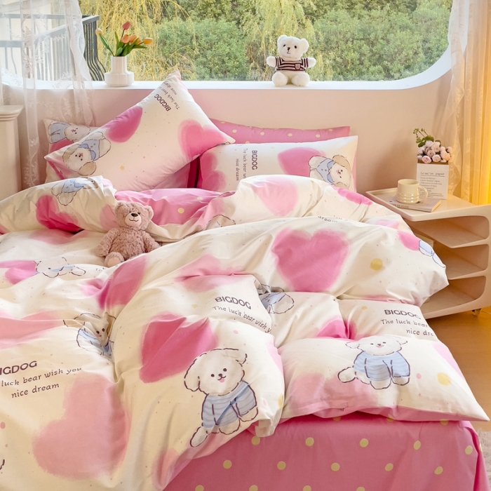 91家纺网 家纺一手货源 找家纺 金丝鸟 2023新款全棉可爱卡通印花小清新四件套-第二批 热点狗