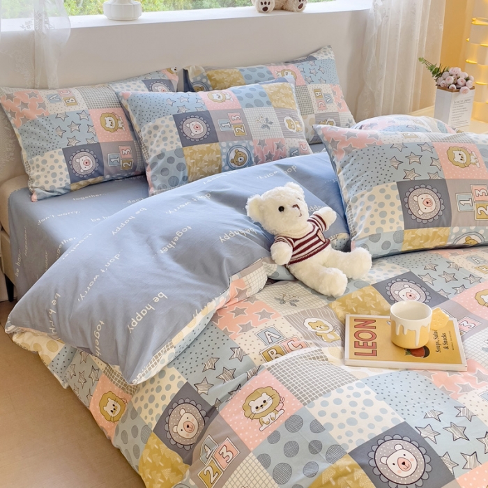 91家纺网 家纺一手货源 找家纺 金丝鸟 2023新款全棉可爱卡通印花小清新四件套-第二批 小格狮子