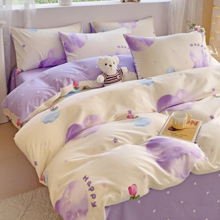 91家纺网 家纺一手货源 找家纺 金丝鸟 2023新款全棉可爱卡通印花小清新四件套-第二批 紫云花