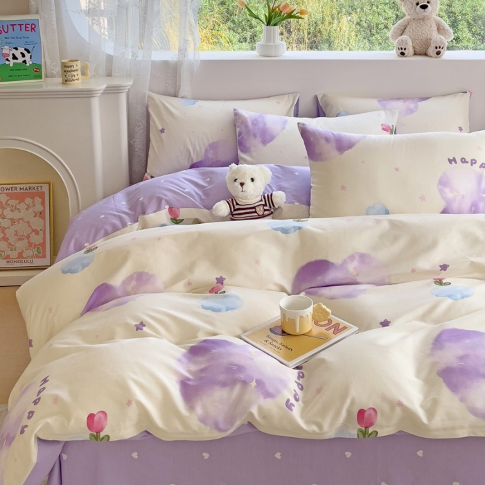 91家纺网 家纺一手货源 找家纺 金丝鸟 2023新款全棉可爱卡通印花小清新四件套-第二批 紫云花