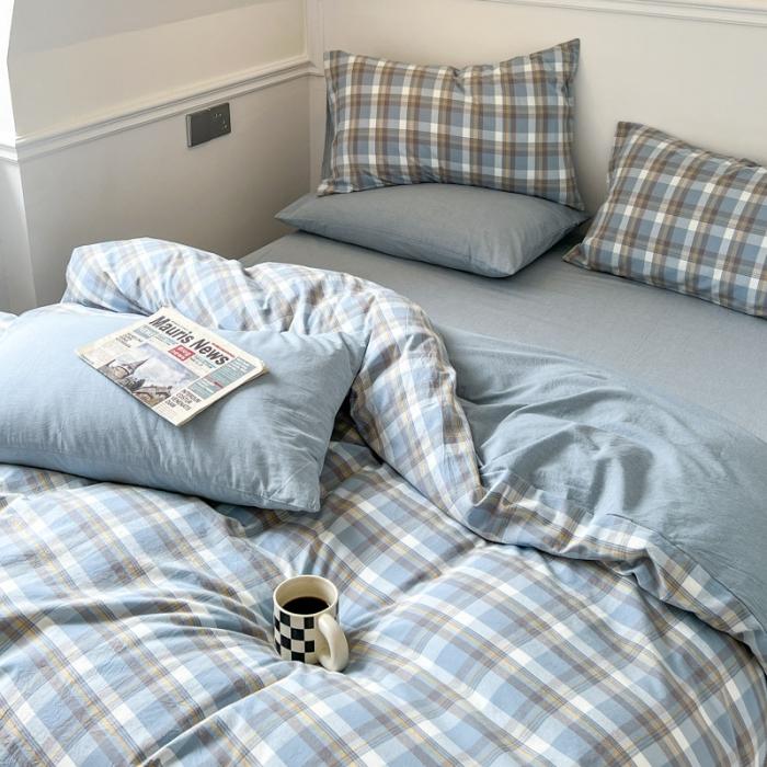 91家纺网 家纺一手货源 找家纺 【水洗棉格纹双拼四件套】 日式无印全棉水洗棉四件套格纹双拼套件