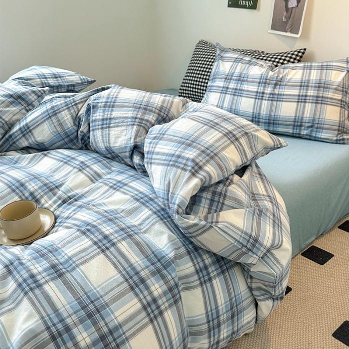 91家纺网 家纺一手货源 找家纺 【水洗棉格纹双拼四件套】 日式无印全棉水洗棉四件套格纹双拼套件