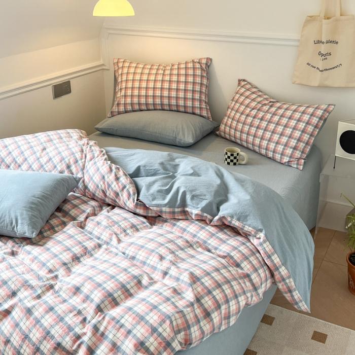 91家纺网 家纺一手货源 找家纺 【水洗棉格纹双拼四件套】 日式无印全棉水洗棉四件套格纹双拼套件