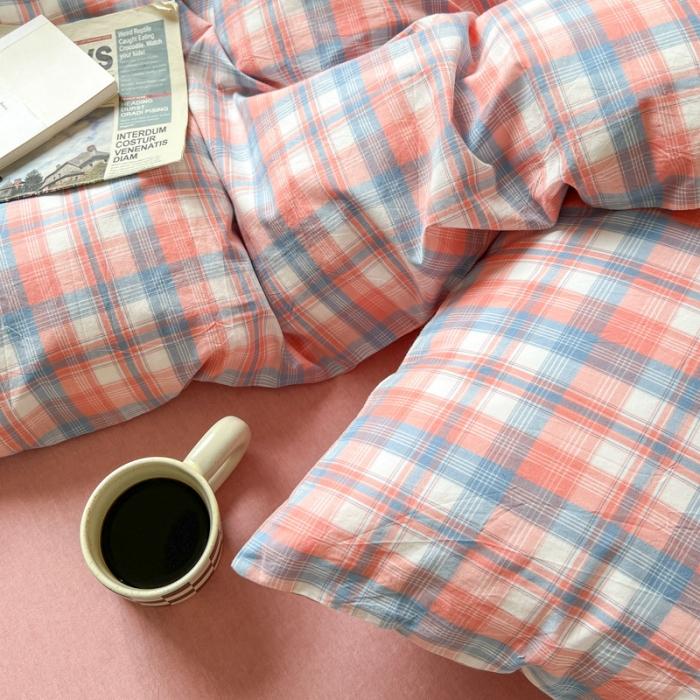 91家纺网 家纺一手货源 找家纺 【水洗棉格纹双拼四件套】 日式无印全棉水洗棉四件套格纹双拼套件