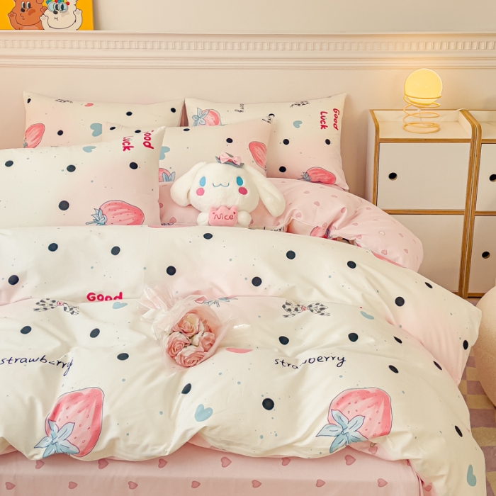 91家纺网 家纺一手货源 找家纺 金丝鸟家纺 2023新款全棉小清新四件套-第三批 波点草莓结